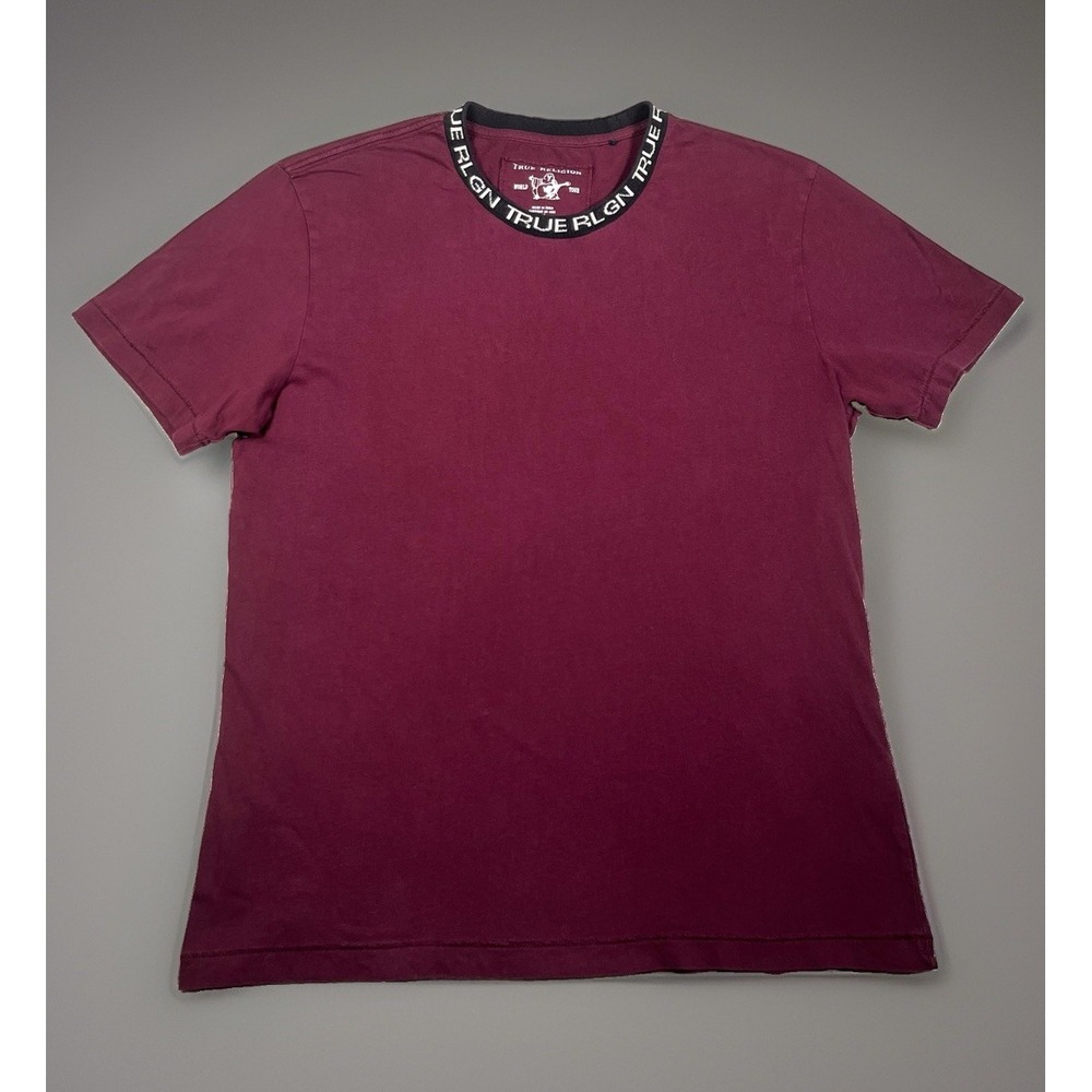 True Religion Mens T Shirt Size L Large Maroon Red Jacquard Rib Logo Collar Crew